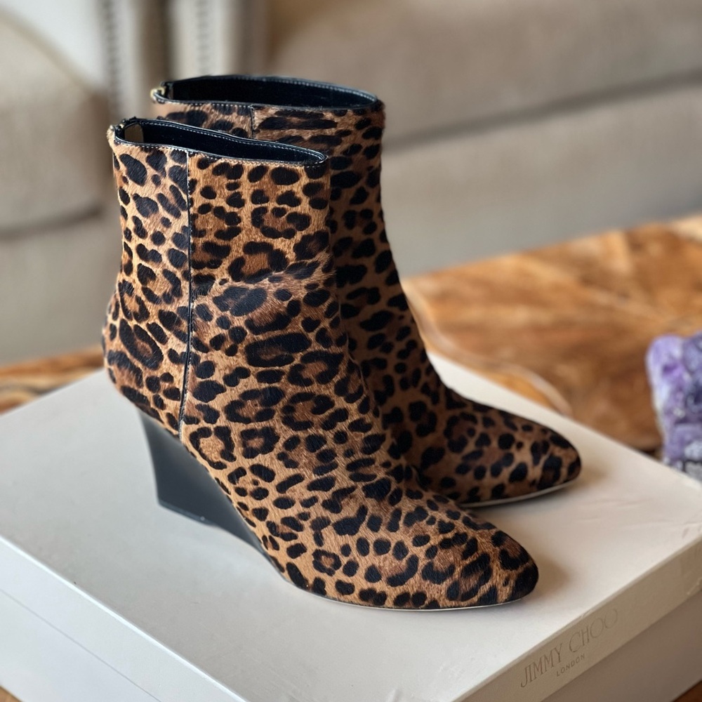 Jimmy Choo Leopard print pony camel boots
